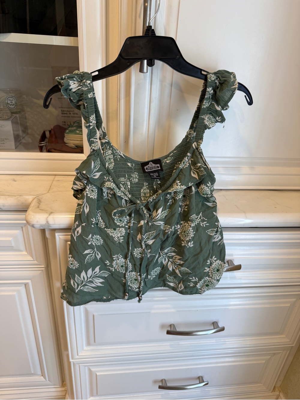 Angie Olive Green Floral Tie-Front Crop Top